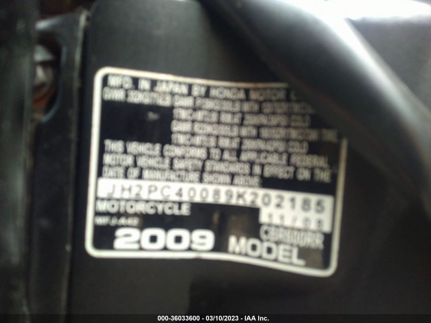 2009 HONDA CBR600 RR - JH2PC40089K202185