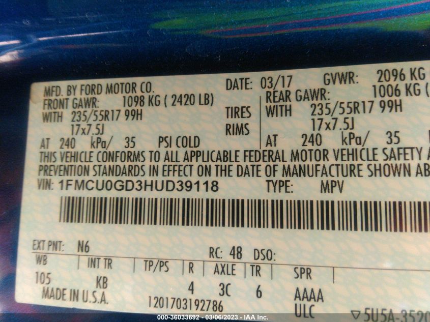 2017 FORD ESCAPE SE - 1FMCU0GD3HUD39118