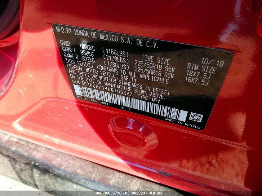 VIN 3CZRU6H14KG706683 2019 HONDA HR-V SPORT