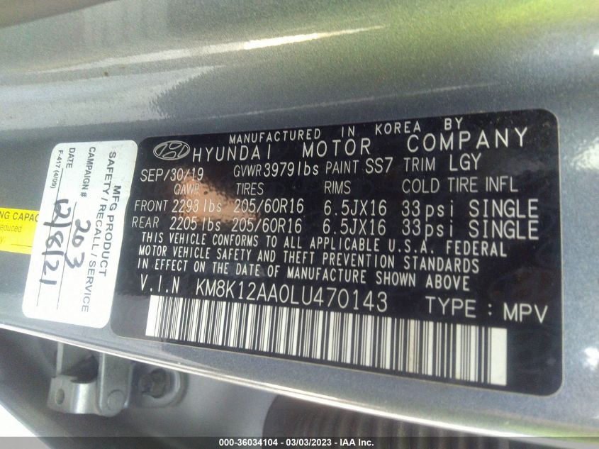 2020 HYUNDAI KONA SE - KM8K12AA0LU470143