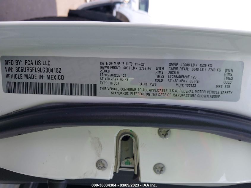 2020 RAM 2500 LARAMIE - 3C6UR5FL9LG304182