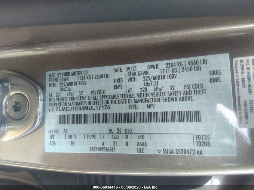 2021 LINCOLN CORSAIR STANDARD - 5LMCJ1C93MUL17174