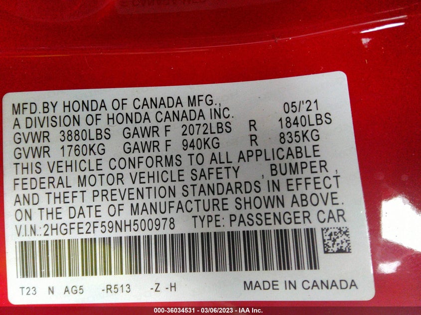 VIN 2HGFE2F59NH500978 2022 HONDA CIVIC SEDAN SPORT