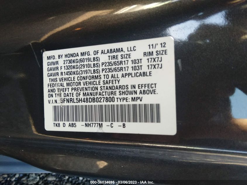 VIN 5FNRL5H48DB027800 2013 HONDA ODYSSEY no.9