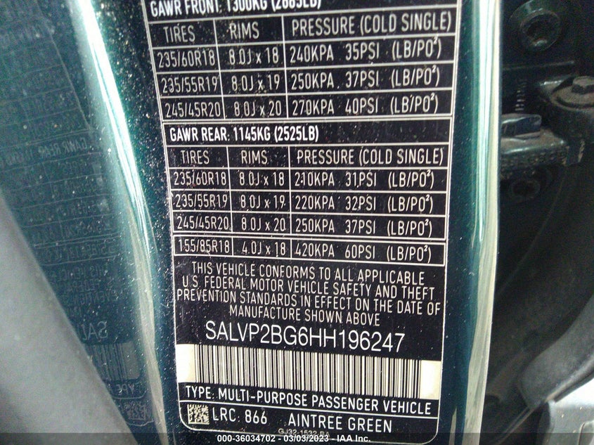 VIN SALVP2BG6HH196247 2017 LAND ROVER RANGE ROVER EVOQUE SE