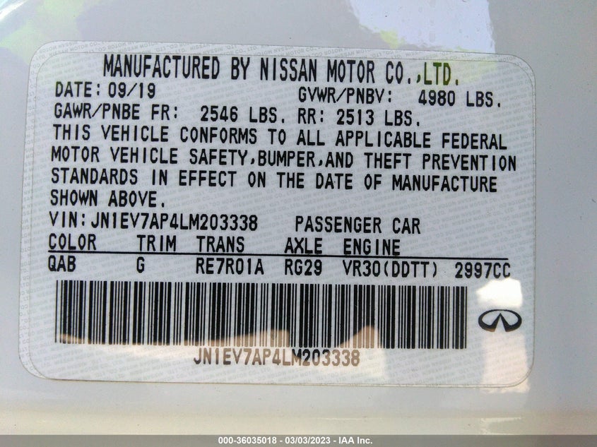 VIN JN1EV7AP4LM203338 2020 INFINITI Q50 3.0T LUXE