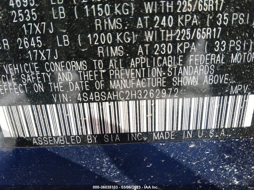 VIN 4S4BSAHC2H3262972 2017 SUBARU OUTBACK PREMIUM