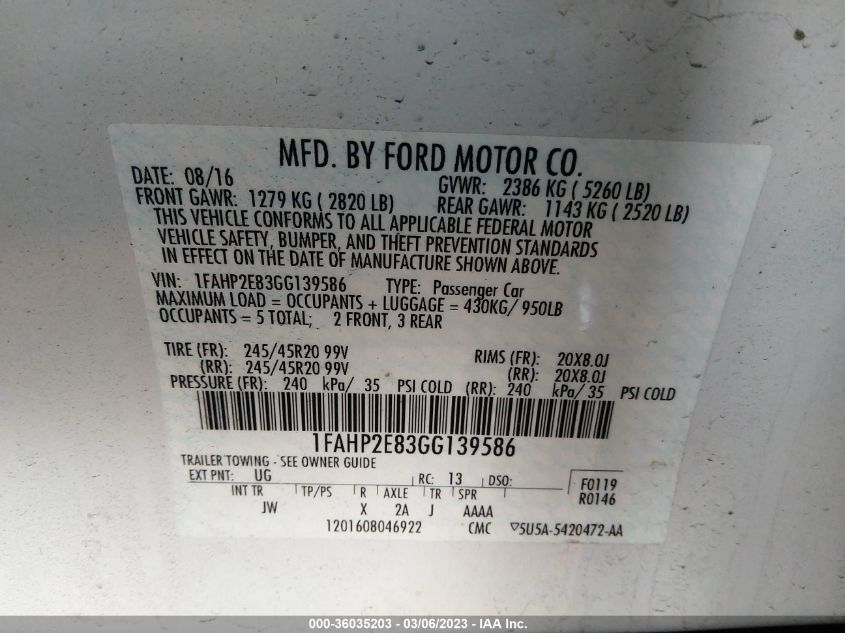 2016 FORD TAURUS SEL - 1FAHP2E83GG139586