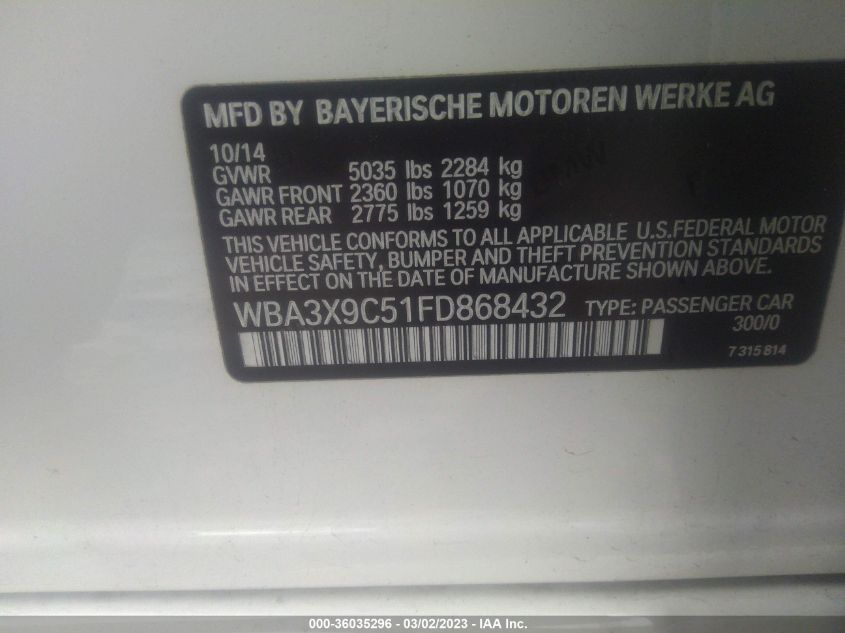2015 BMW 3 SERIES GRAN TURISMO 335I XDRIVE WBA3X9C51FD868432