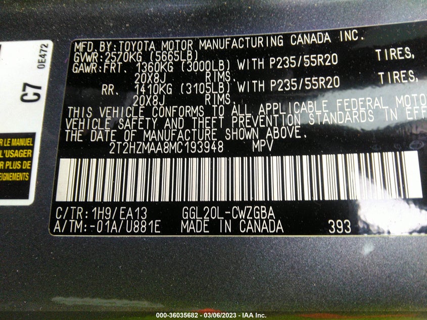VIN 2T2HZMAA8MC193948 2021 LEXUS RX RX 350
