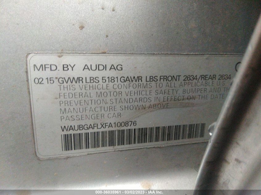 2015 AUDI S4 PREMIUM PLUS - WAUBGAFLXFA100876