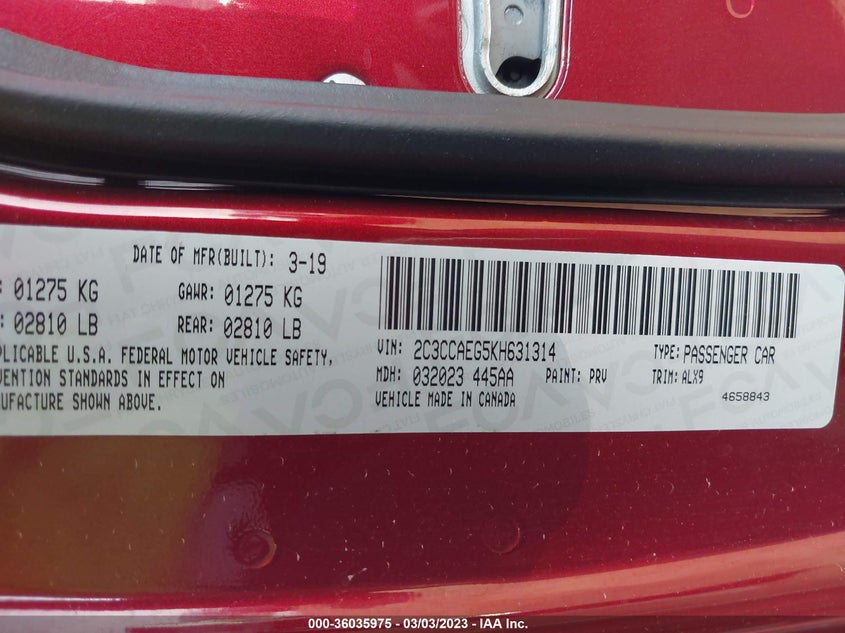 VIN 2C3CCAEG5KH631314 2019 CHRYSLER 300 LIMITED
