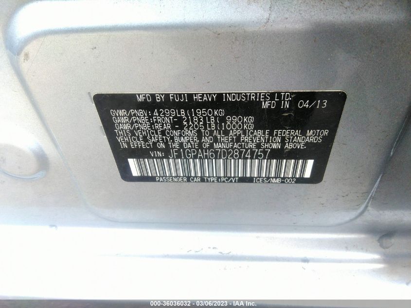 2013 SUBARU IMPREZA WAGON 2.0I LIMITED - JF1GPAH67D2874757