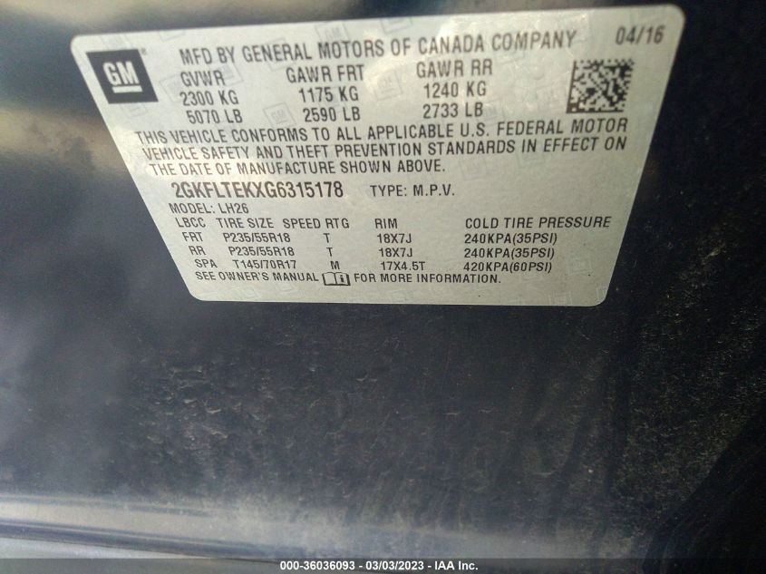2016 GMC TERRAIN SLE - 2GKFLTEKXG6315178