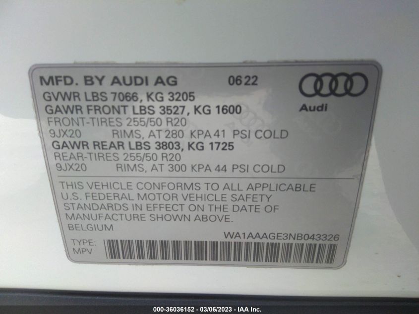 2022 AUDI E-TRON PREMIUM WA1AAAGE3NB043326