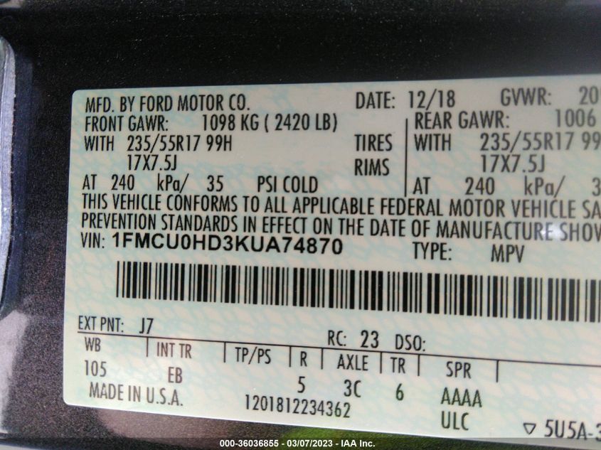 1FMCU0HD3KUA74870 2019 FORD ESCAPE, photo no. 9