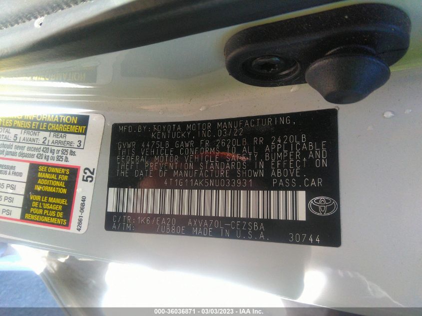 2022 TOYOTA CAMRY SE - 4T1G11AK5NU033931