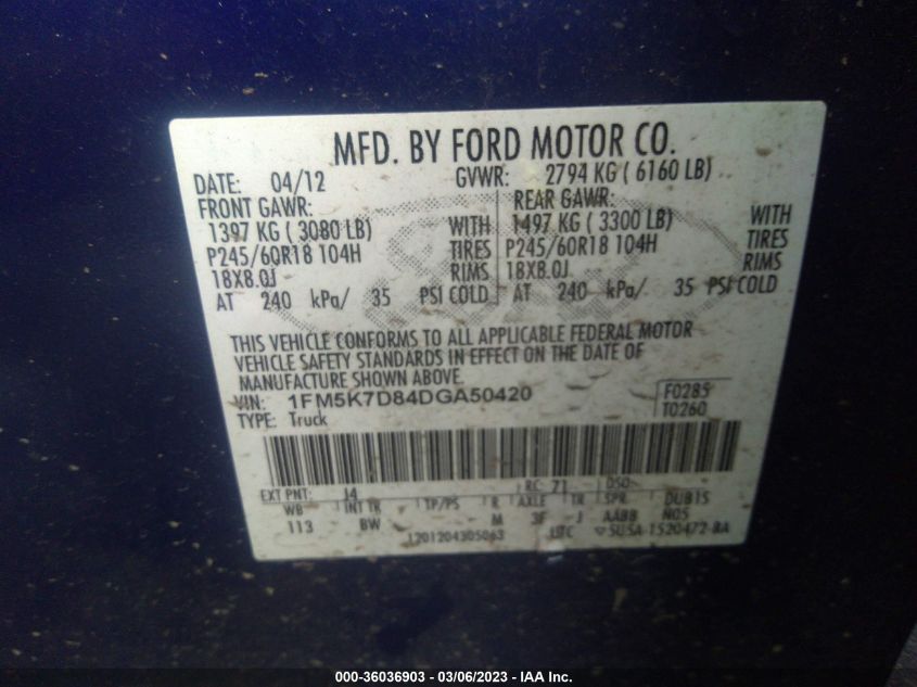 2013 FORD EXPLORER XLT - 1FM5K7D84DGA50420