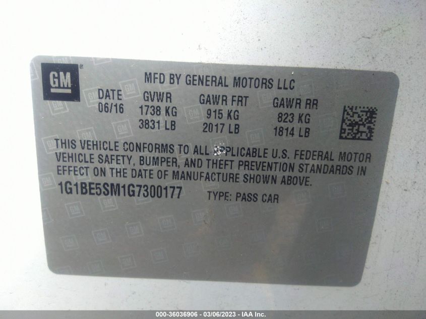 2016 CHEVROLET CRUZE LT - 1G1BE5SM1G7300177