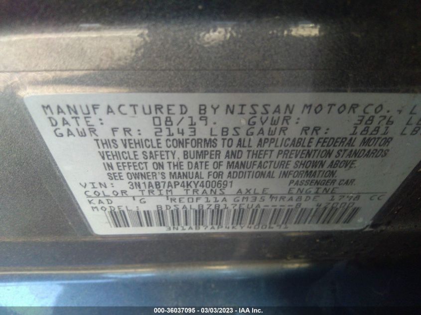 2019 NISSAN SENTRA S - 3N1AB7AP4KY400691
