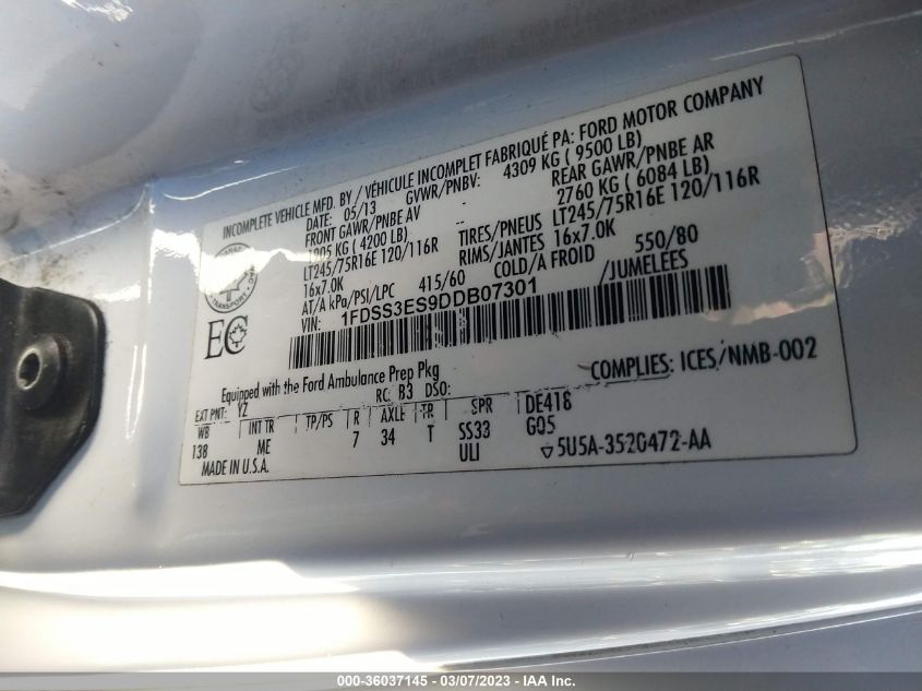 2013 FORD ECONOLINE CARGO VAN COMMERCIAL/RECREATIONAL 1FDSS3ES9DDB07301