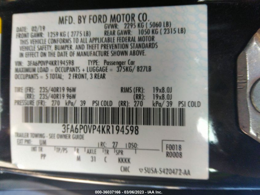 2019 FORD FUSION SPORT - 3FA6P0VP4KR194598