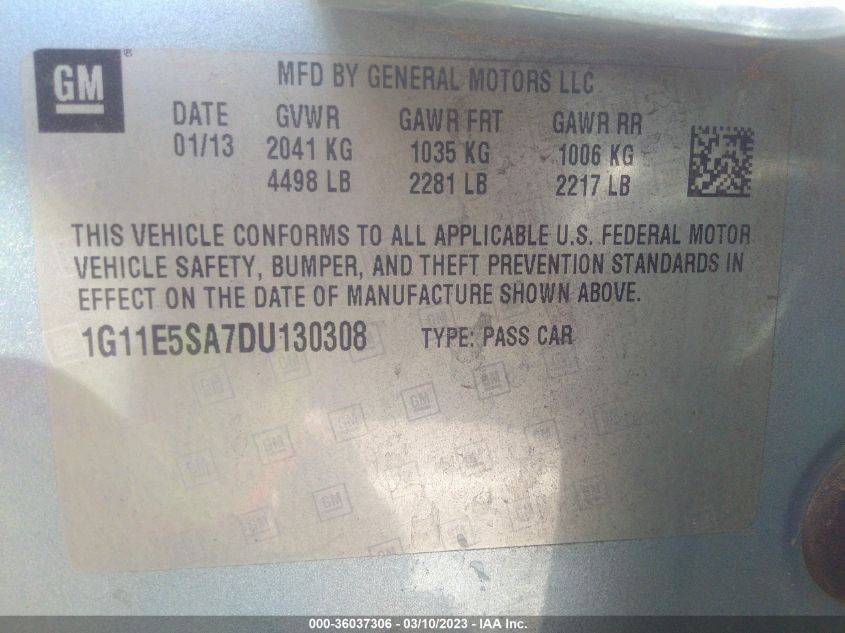 2013 CHEVROLET MALIBU LT - 1G11E5SA7DU130308