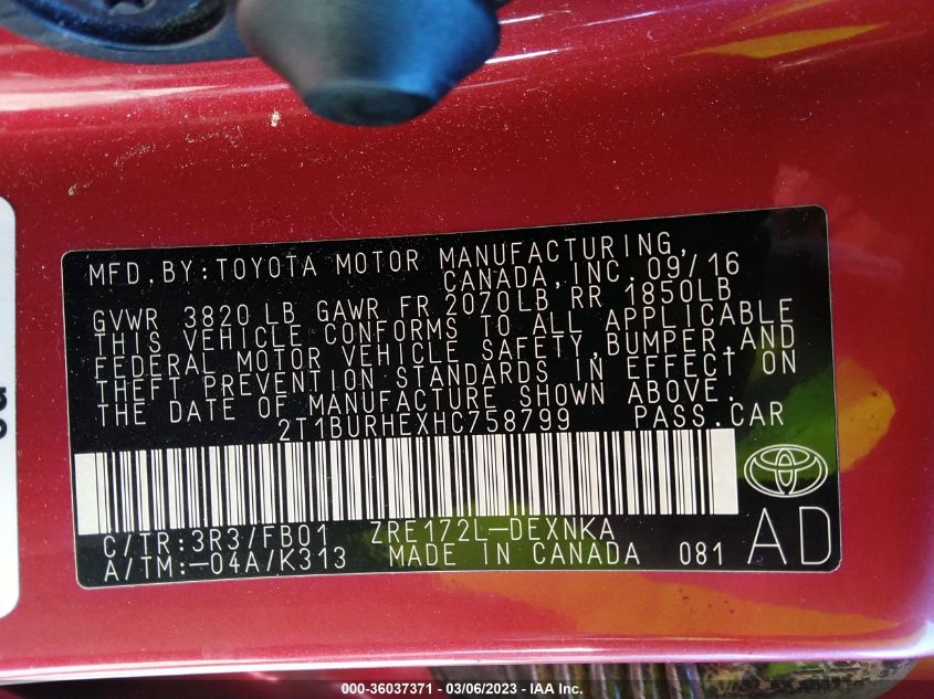 2017 TOYOTA COROLLA L/LE/XLE/SE - 2T1BURHEXHC758799