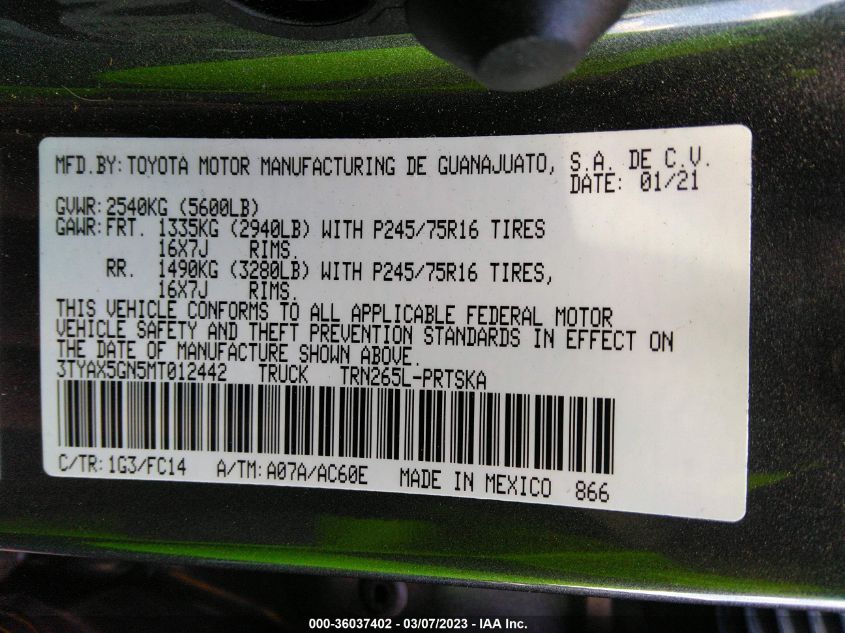 2021 TOYOTA TACOMA 2WD SR/SR5 - 3TYAX5GN5MT012442