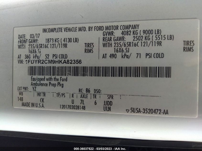 2017 FORD TRANSIT VAN - 1FDYR2CM9HKA82356