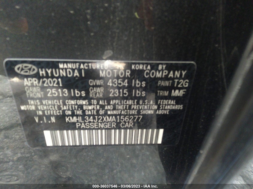 VIN KMHL34J2XMA156277 2021 HYUNDAI SONATA LIMITED