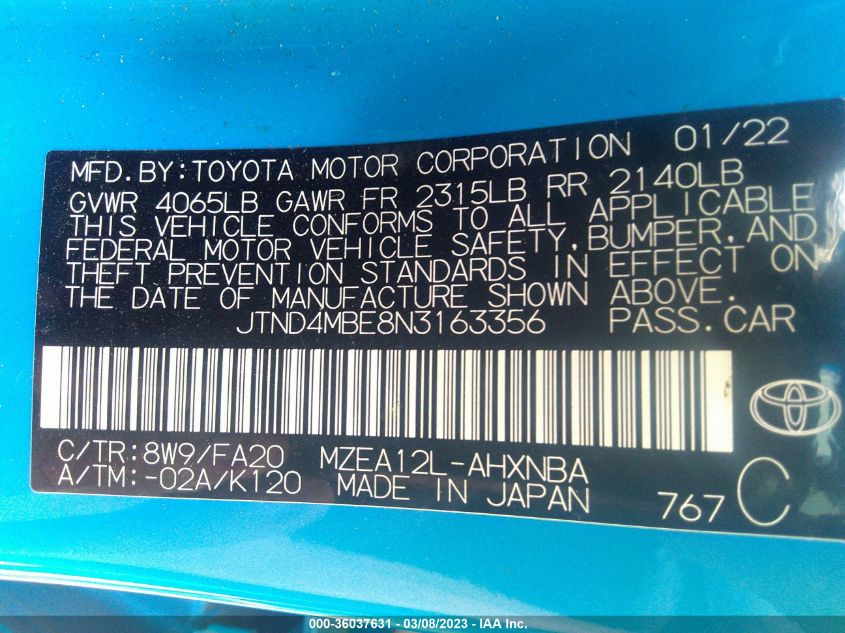 2022 TOYOTA COROLLA HATCHBACK SE/NIGHTSHADE/XSE JTND4MBE8N3163356