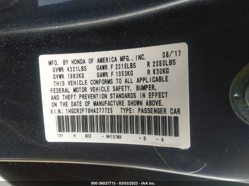 2017 HONDA ACCORD SEDAN EX - 1HGCR2F79HA277725