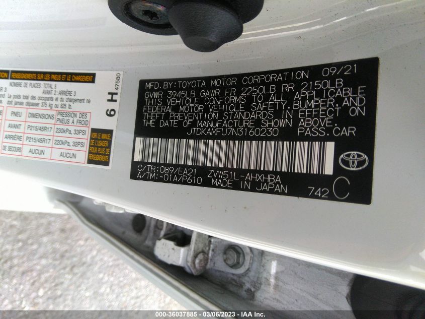 2022 TOYOTA PRIUS L - JTDKAMFU7N3160230