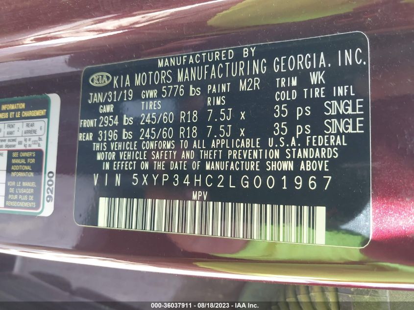 2020 KIA TELLURIDE EX 5XYP34HC2LG001967