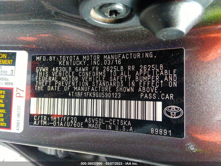 2016 TOYOTA CAMRY XLE/SE/LE/XSE - 4T1BF1FK9GU590123