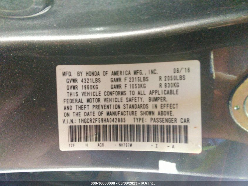 2017 HONDA ACCORD SEDAN SPORT - 1HGCR2F59HA042885