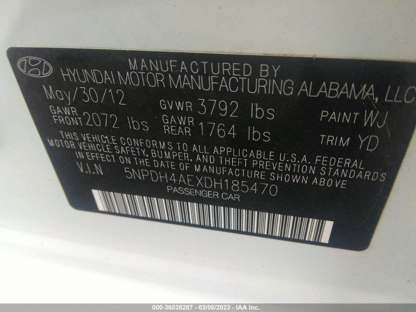 2013 HYUNDAI ELANTRA LIMITED - 5NPDH4AEXDH185470