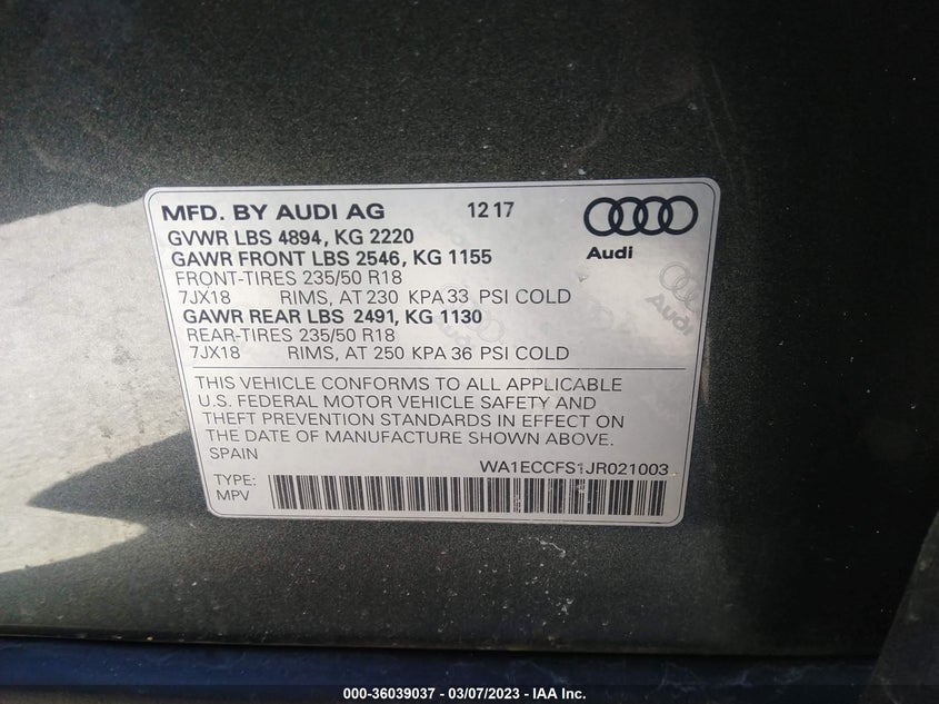 VIN WA1ECCFS1JR021003 2018 AUDI Q3 PREMIUM/SPORT PREMIUM