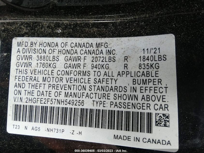 VIN 2HGFE2F57NH549256 2022 HONDA CIVIC SEDAN no.9