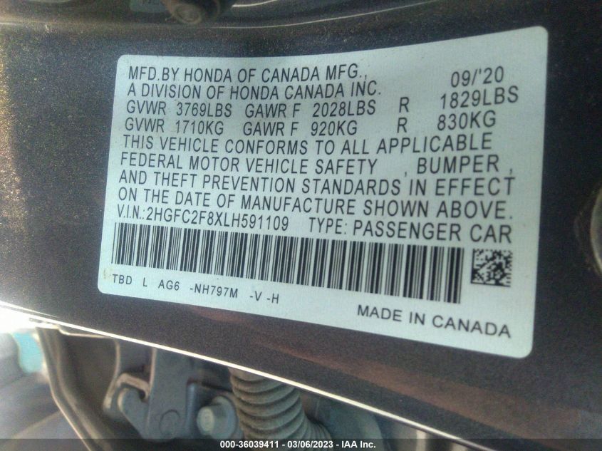 2020 HONDA CIVIC SEDAN SPORT - 2HGFC2F8XLH591109