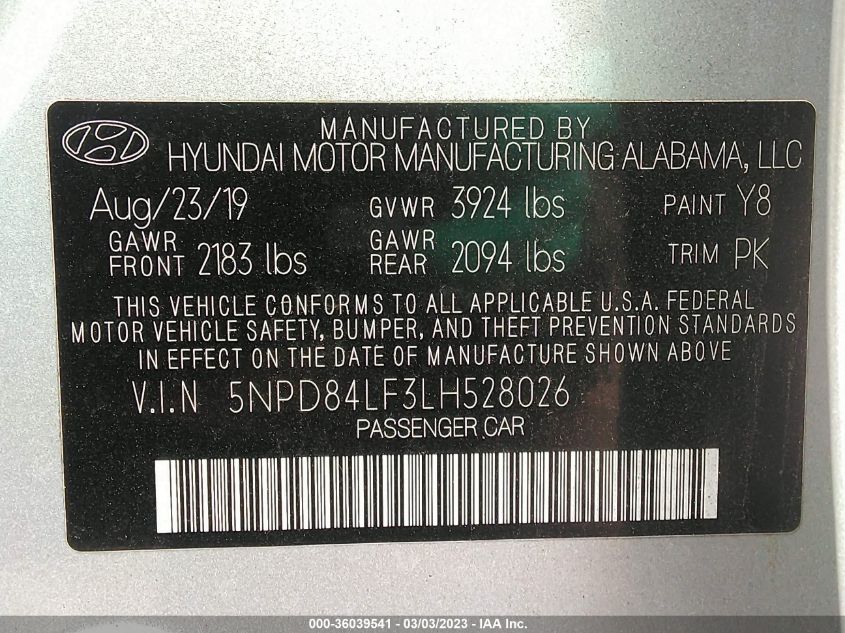 2020 HYUNDAI ELANTRA SEL - 5NPD84LF3LH528026