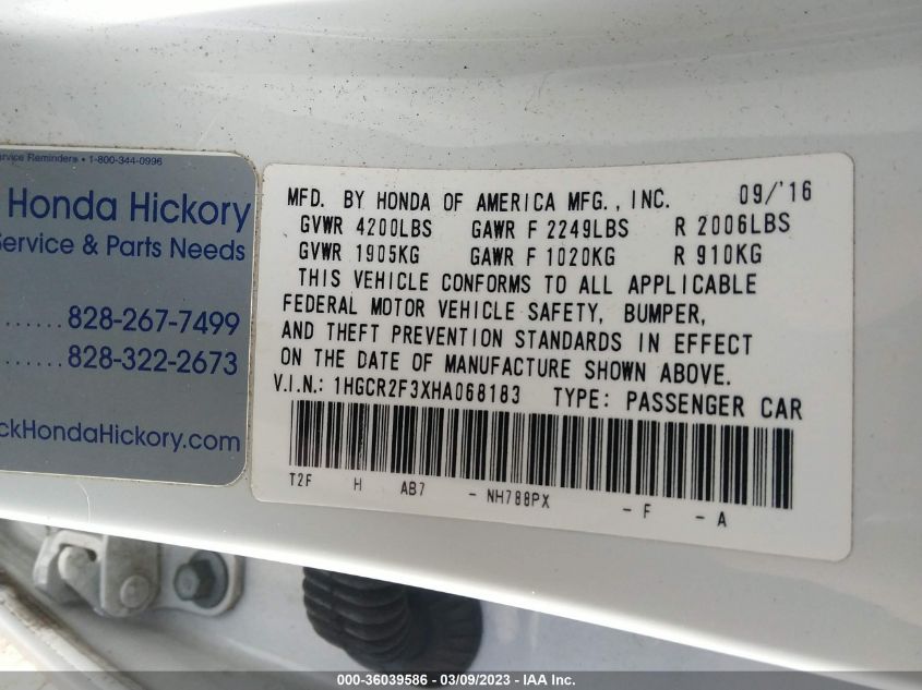 2017 HONDA ACCORD SEDAN LX - 1HGCR2F3XHA068183