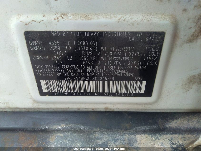 2013 SUBARU OUTBACK 2.5I PREMIUM - 4S4BRCCC4D3315759