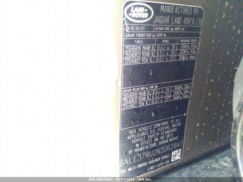 Auction sale of the 2022 LAND ROVER DEFENDER , vin: SALE37RU2N2062841, lot number: 36039803