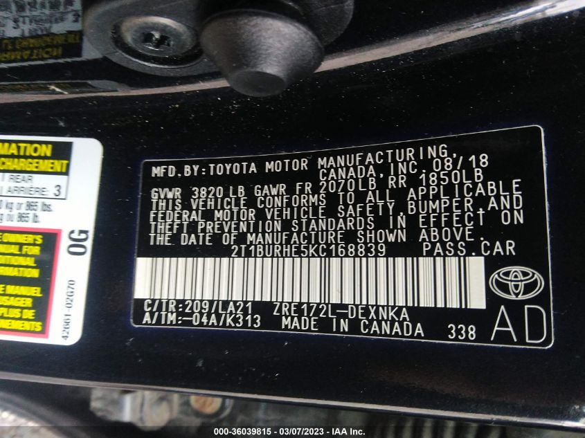 2019 TOYOTA COROLLA L/LE/SE/XLE/XSE - 2T1BURHE5KC168839