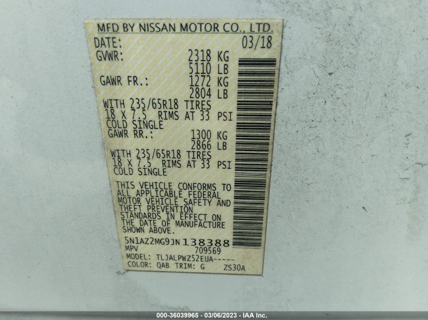2018 NISSAN MURANO S - 5N1AZ2MG9JN138388