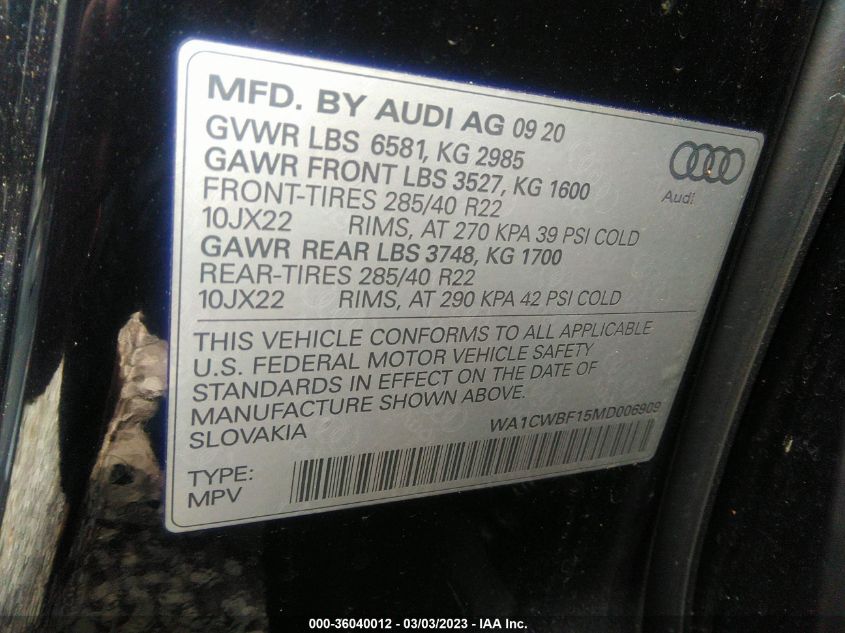 2021 AUDI SQ8 PRESTIGE WA1CWBF15MD006909