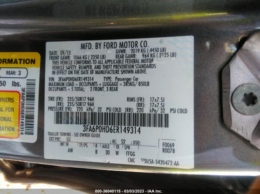 2014 FORD FUSION SE - 3FA6P0HD6ER149314