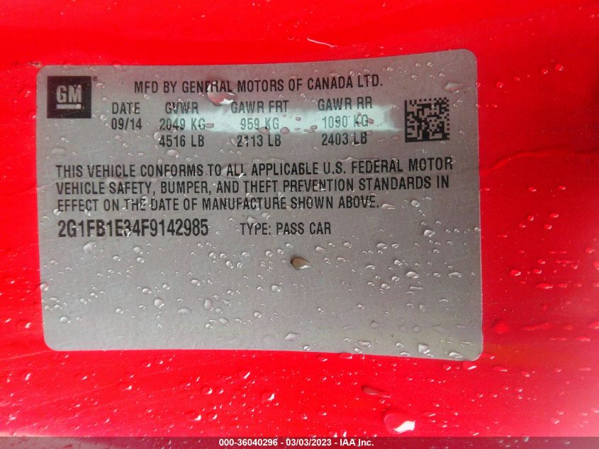 2015 CHEVROLET CAMARO LS - 2G1FB1E34F9142985